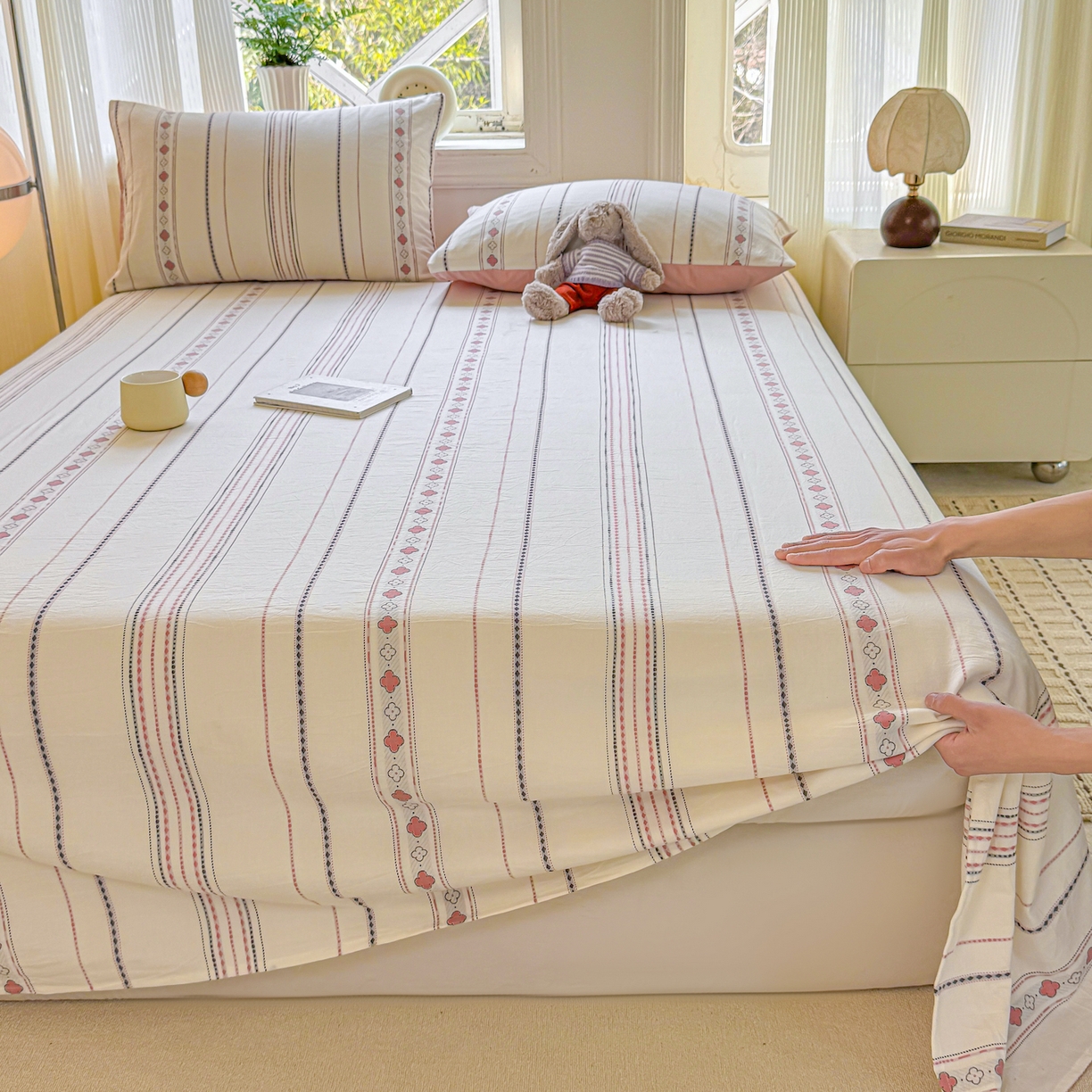 91家纺网 家纺一手货源 找家纺 灰鲸 2026新款全棉纯棉色织提花床单单床单床单单件 四叶星语-粉