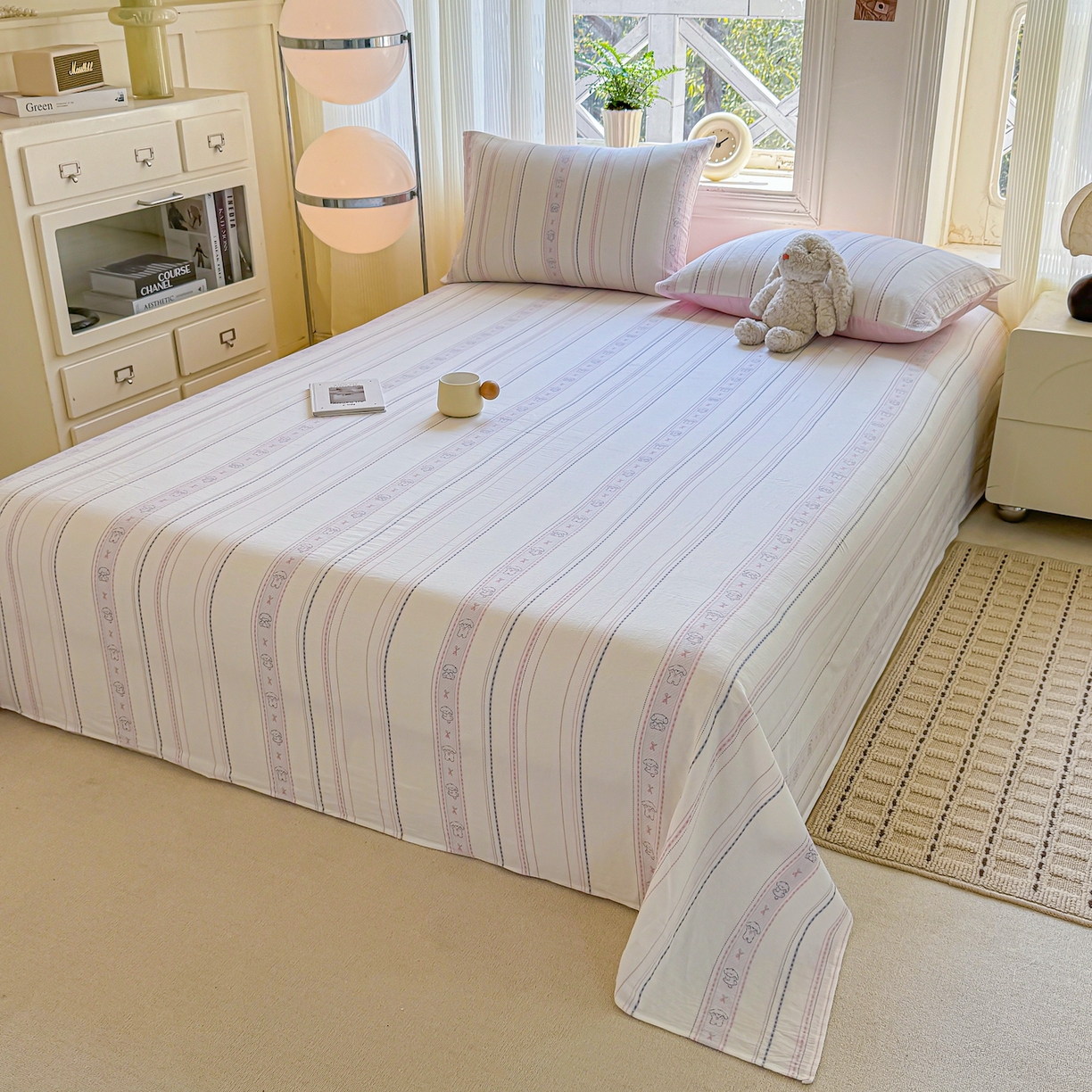 91家纺网 家纺一手货源 找家纺 灰鲸 2026新款全棉纯棉色织提花床单单床单床单单件 线条小狗-粉