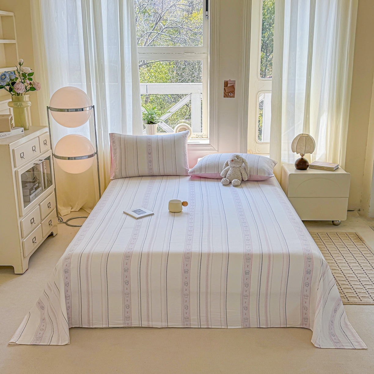 91家纺网 家纺一手货源 找家纺 灰鲸 2026新款全棉纯棉色织提花床单单床单床单单件 线条小狗-粉