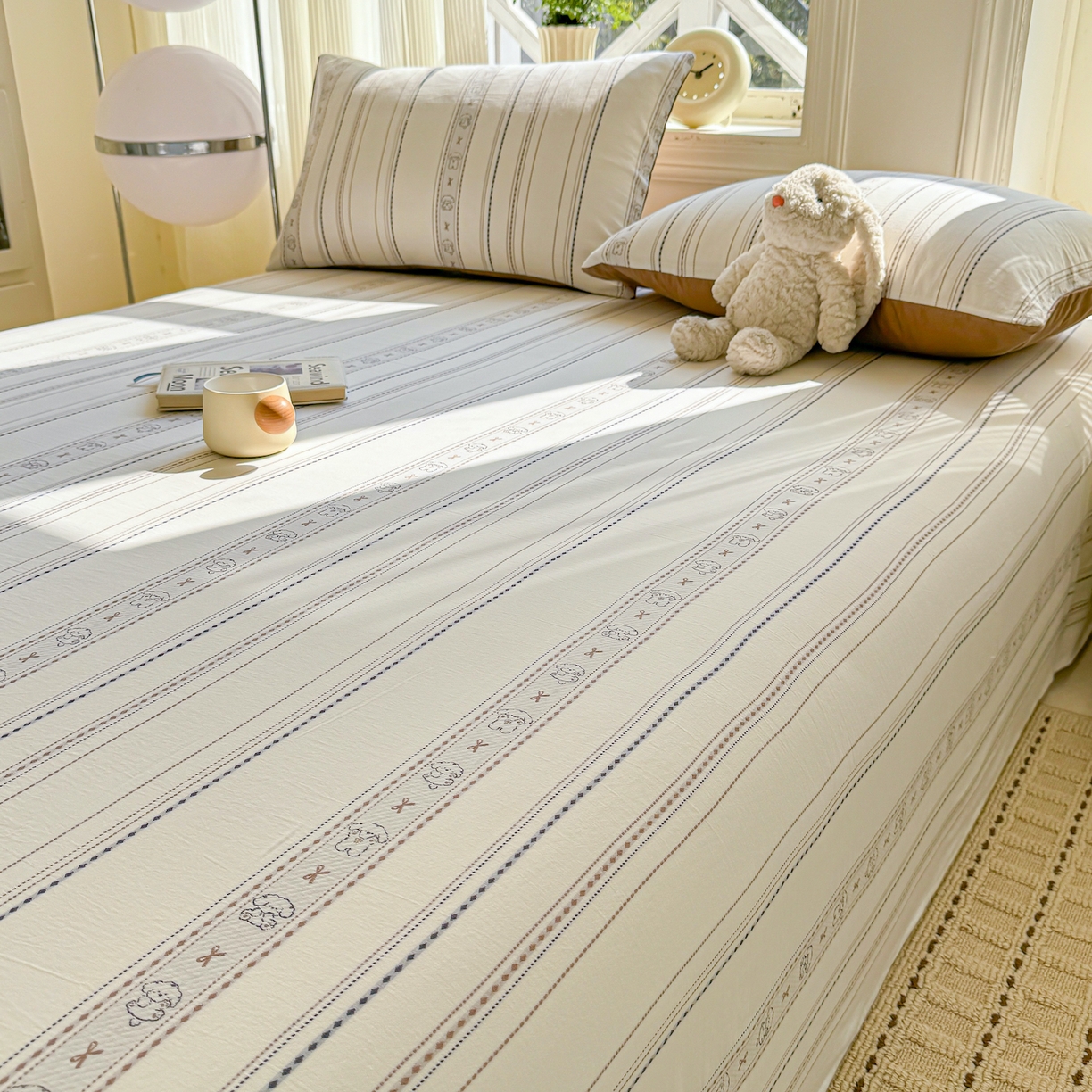 91家纺网 家纺一手货源 找家纺 灰鲸 2026新款全棉纯棉色织提花床单单床单床单单件 线条小狗-咖