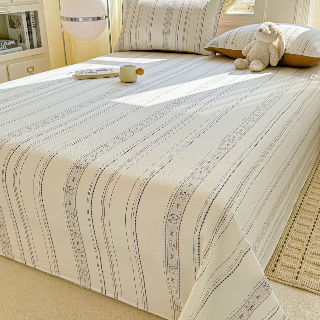 91家纺网 家纺一手货源 找家纺 灰鲸 2026新款全棉纯棉色织提花床单单床单床单单件 线条小狗-咖