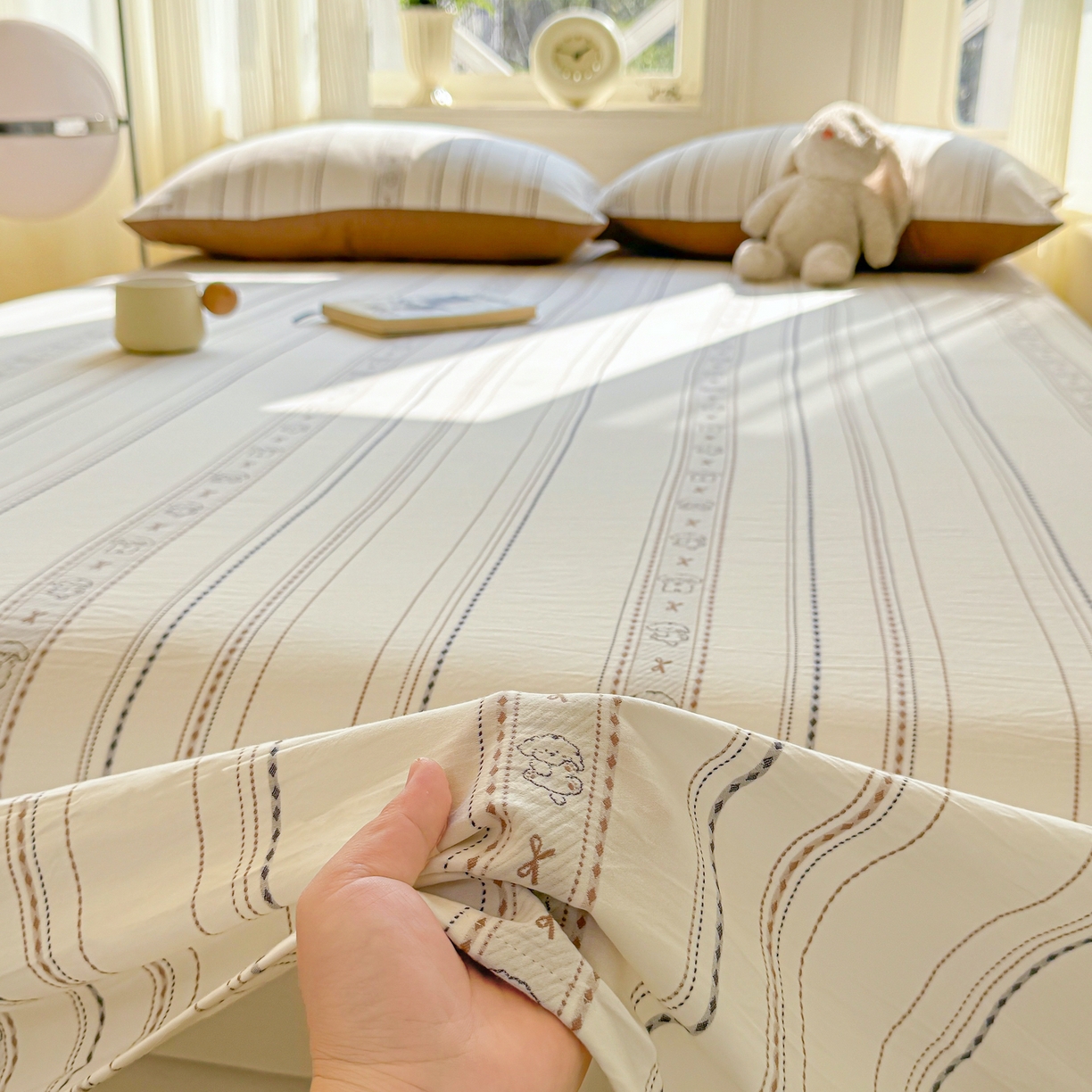 91家纺网 家纺一手货源 找家纺 灰鲸 2026新款全棉纯棉色织提花床单单床单床单单件 线条小狗-咖