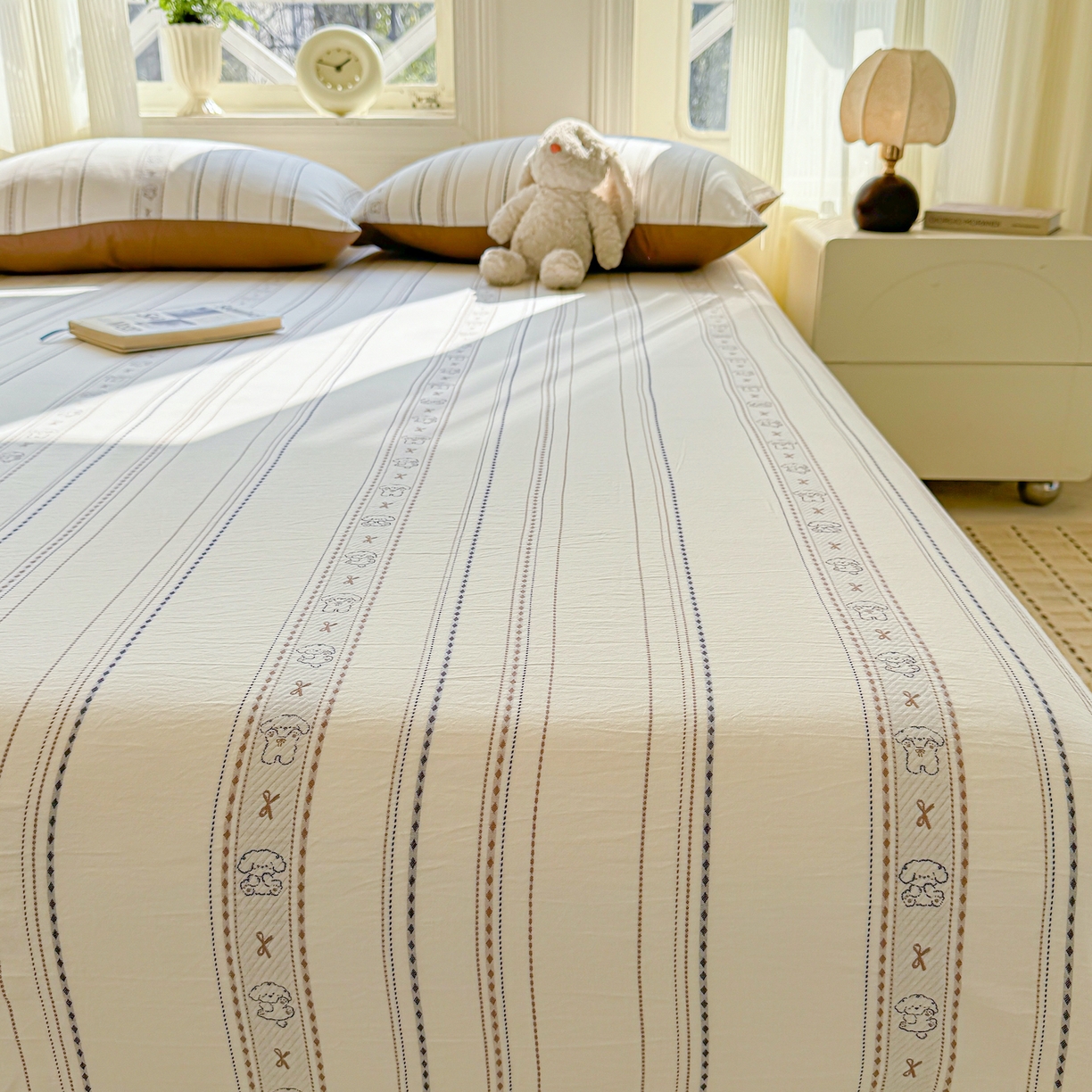 91家纺网 家纺一手货源 找家纺 灰鲸 2026新款全棉纯棉色织提花床单单床单床单单件 线条小狗-咖