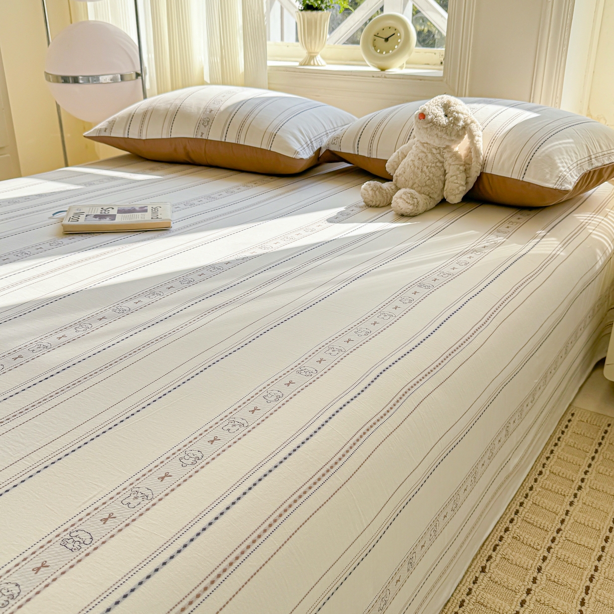 91家纺网 家纺一手货源 找家纺 灰鲸 2026新款全棉纯棉色织提花床单单床单床单单件 线条小狗-咖