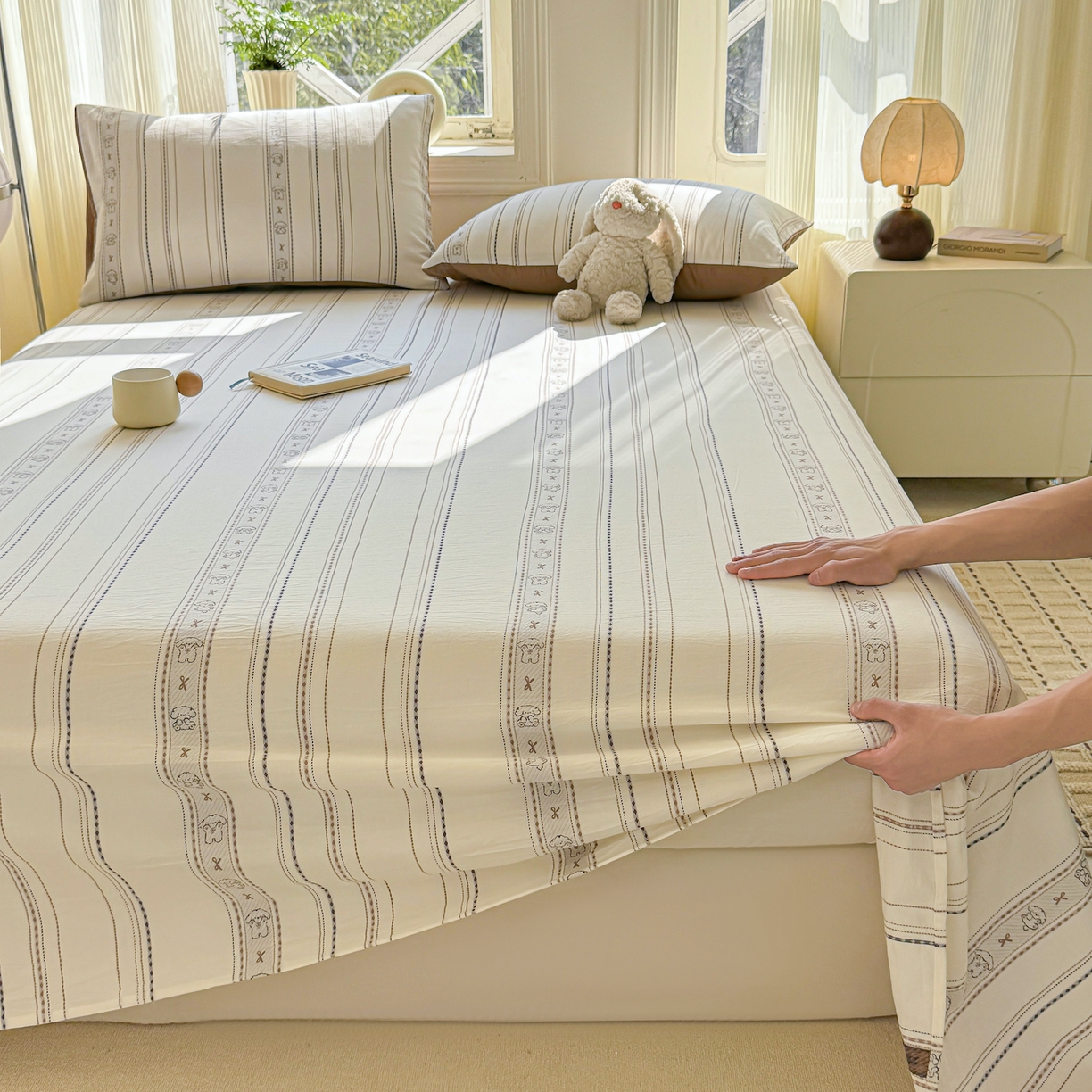 91家纺网 家纺一手货源 找家纺 灰鲸 2026新款全棉纯棉色织提花床单单床单床单单件 线条小狗-咖