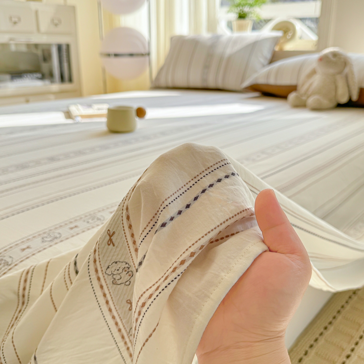 91家纺网 家纺一手货源 找家纺 灰鲸 2026新款全棉纯棉色织提花床单单床单床单单件 线条小狗-咖