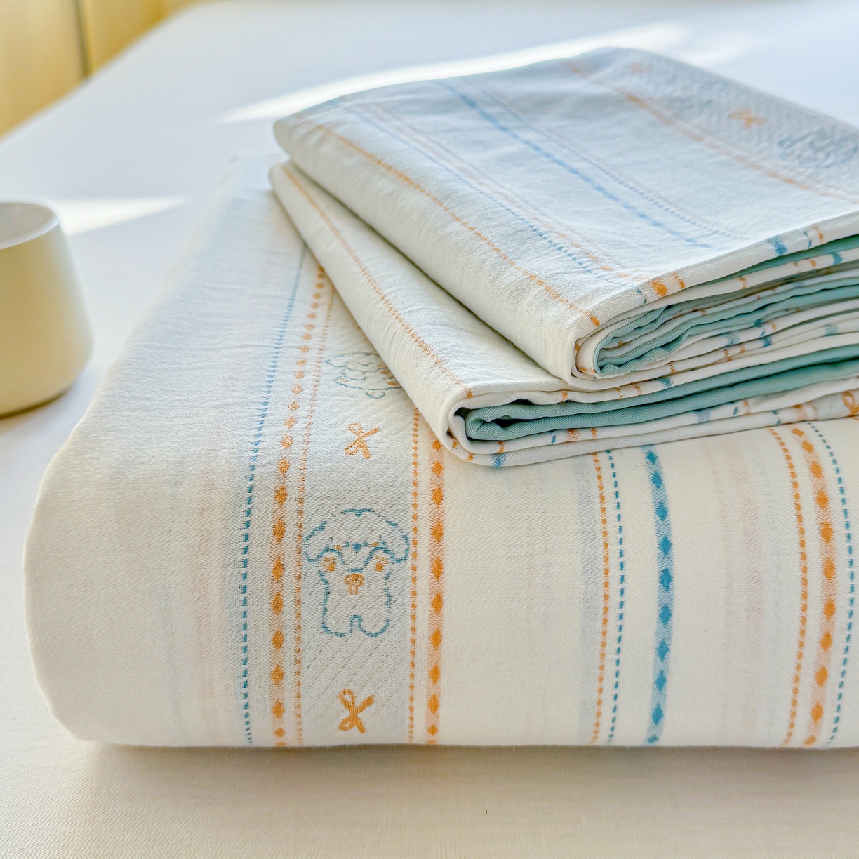 灰鲸 2026新款全棉纯棉色织提花床单单床单床单单件 线条小狗-蓝