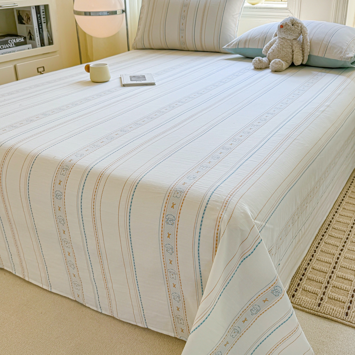 91家纺网 家纺一手货源 找家纺 灰鲸 2026新款全棉纯棉色织提花床单单床单床单单件 线条小狗-蓝