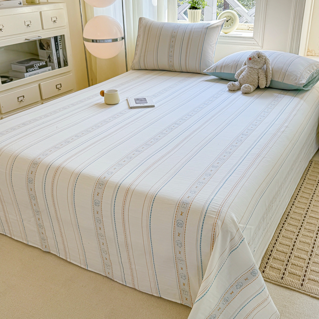 91家纺网 家纺一手货源 找家纺 灰鲸 2026新款全棉纯棉色织提花床单单床单床单单件 线条小狗-蓝