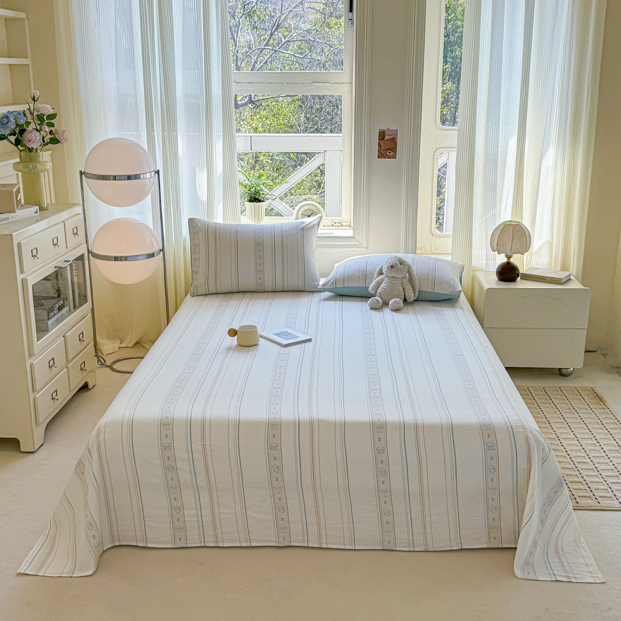 91家纺网 家纺一手货源 找家纺 灰鲸 2026新款全棉纯棉色织提花床单单床单床单单件 线条小狗-蓝