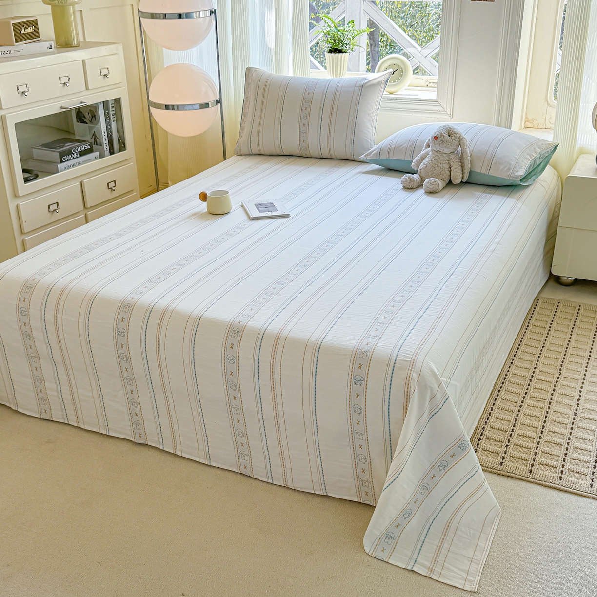 91家纺网 家纺一手货源 找家纺 灰鲸 2026新款全棉纯棉色织提花床单单床单床单单件 线条小狗-蓝