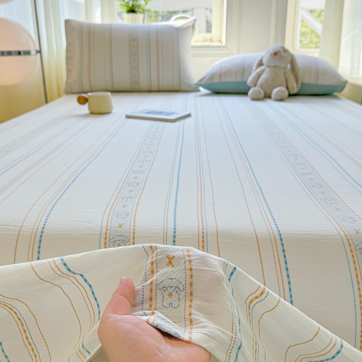 91家纺网 家纺一手货源 找家纺 灰鲸 2026新款全棉纯棉色织提花床单单床单床单单件 线条小狗-蓝