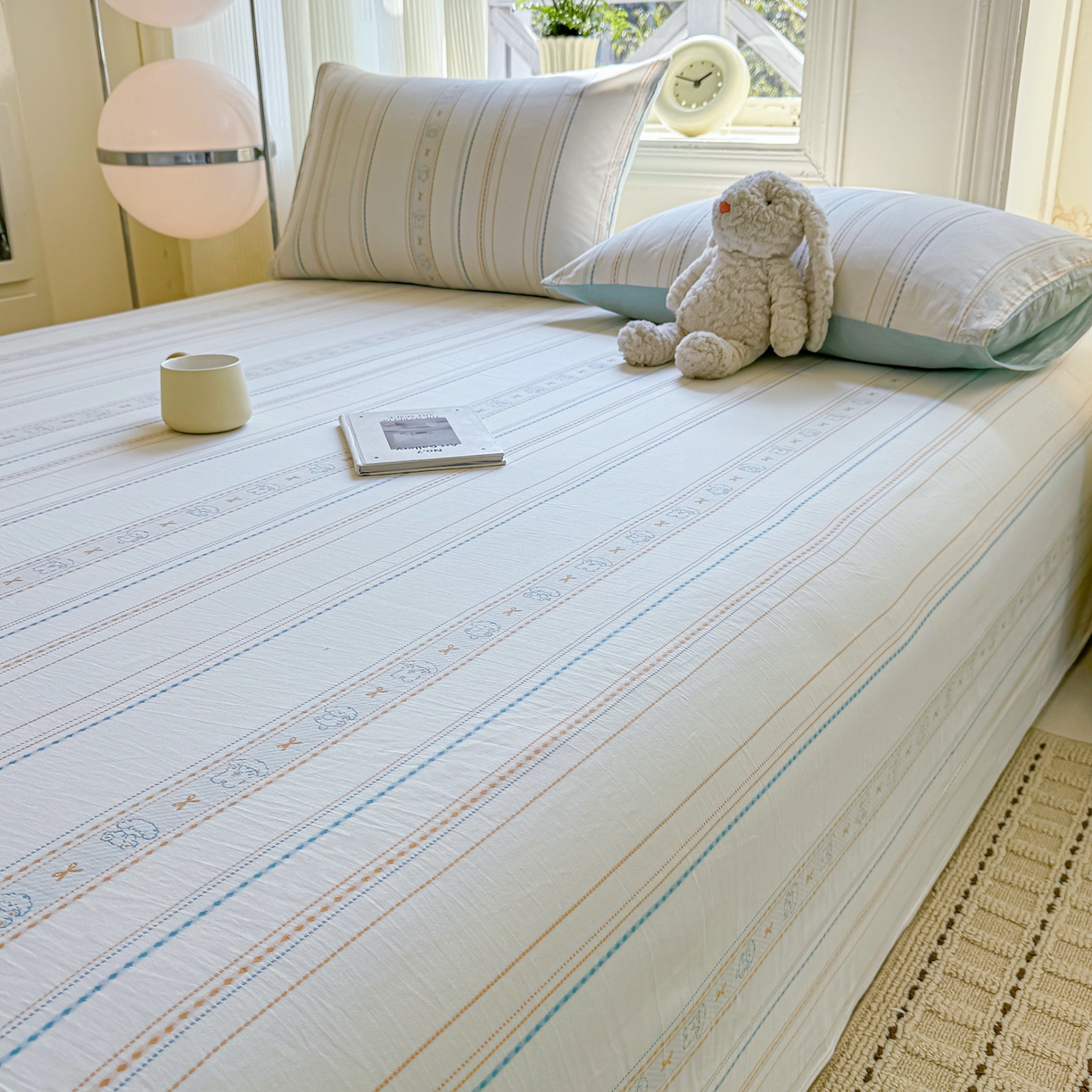 91家纺网 家纺一手货源 找家纺 灰鲸 2026新款全棉纯棉色织提花床单单床单床单单件 线条小狗-蓝