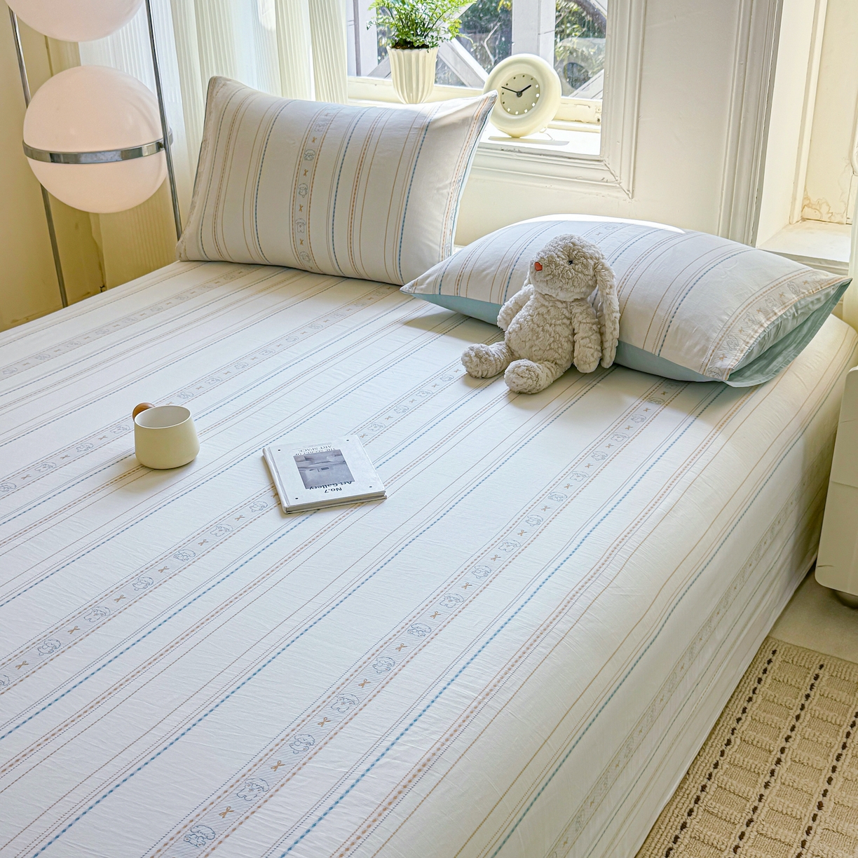 91家纺网 家纺一手货源 找家纺 灰鲸 2026新款全棉纯棉色织提花床单单床单床单单件 线条小狗-蓝