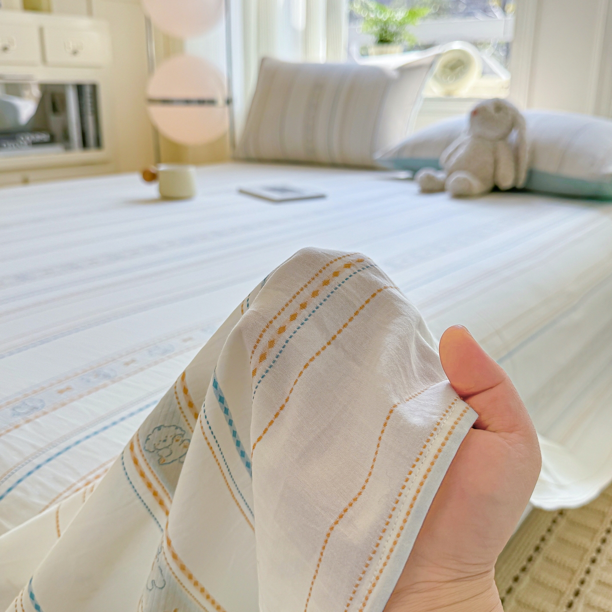 91家纺网 家纺一手货源 找家纺 灰鲸 2026新款全棉纯棉色织提花床单单床单床单单件 线条小狗-蓝