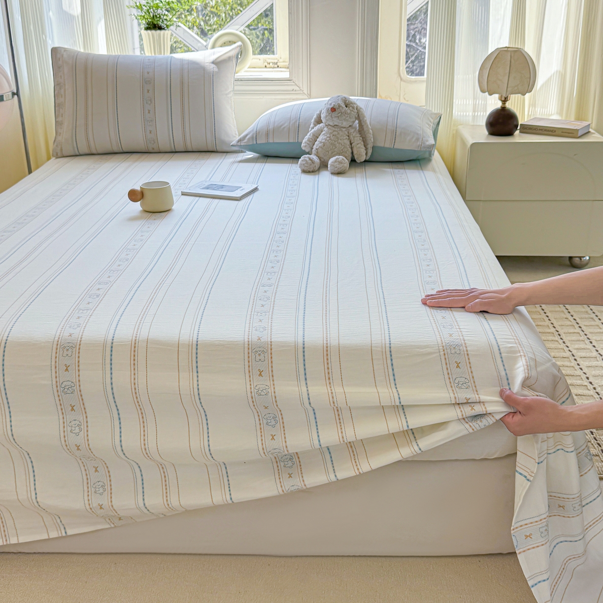 91家纺网 家纺一手货源 找家纺 灰鲸 2026新款全棉纯棉色织提花床单单床单床单单件 线条小狗-蓝