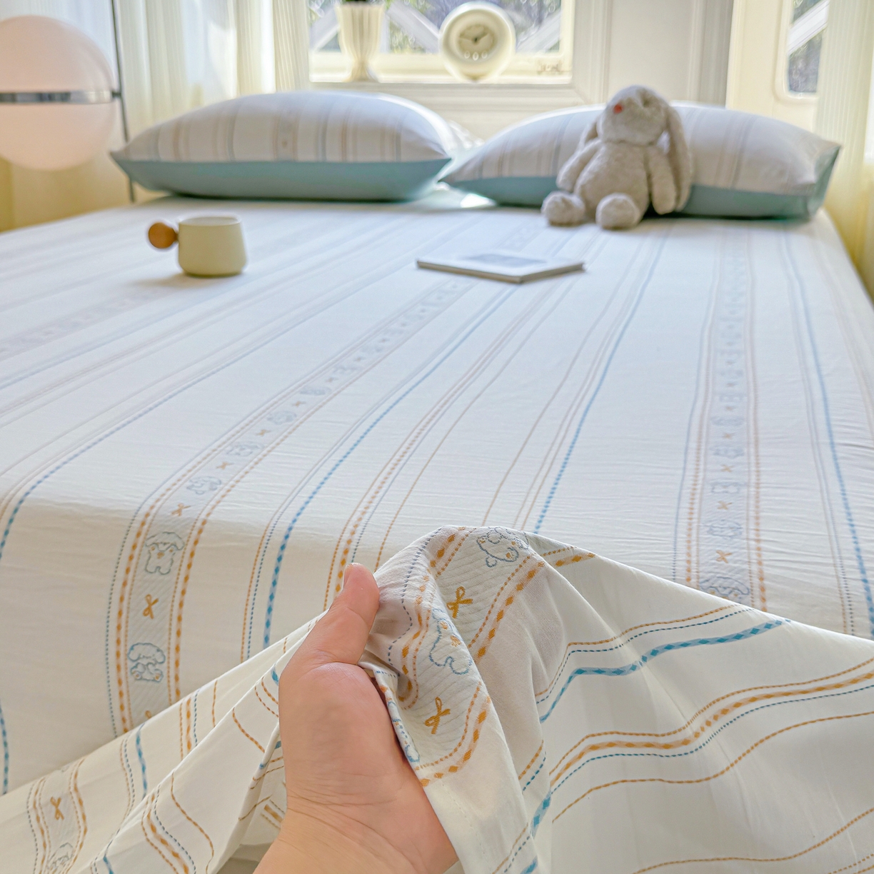 91家纺网 家纺一手货源 找家纺 灰鲸 2026新款全棉纯棉色织提花床单单床单床单单件 线条小狗-蓝