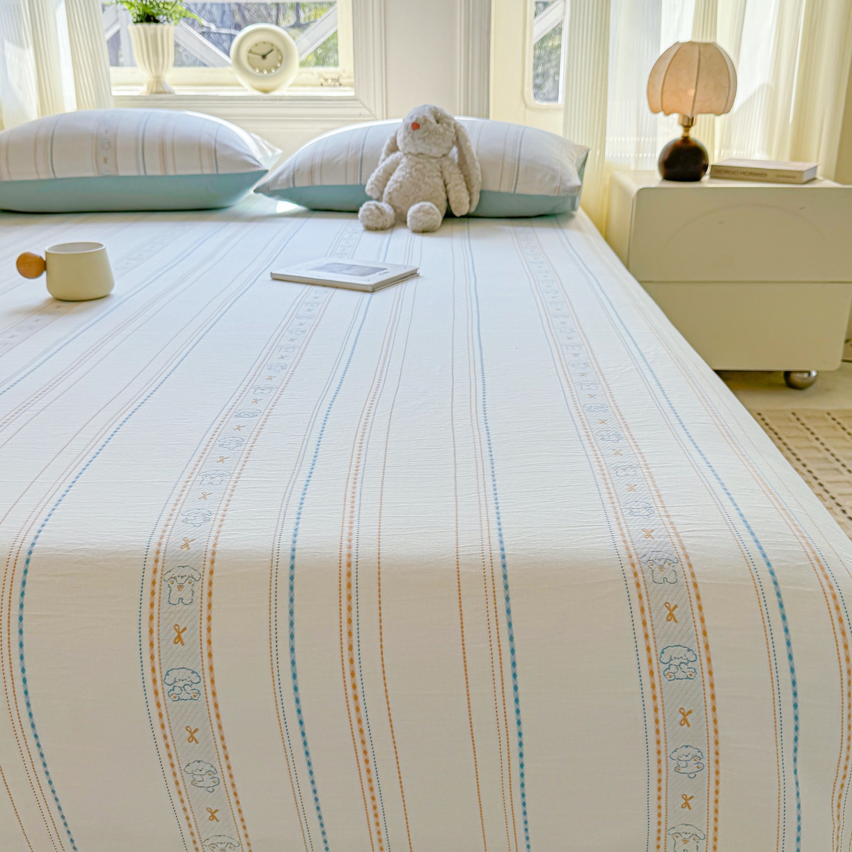 91家纺网 家纺一手货源 找家纺 灰鲸 2026新款全棉纯棉色织提花床单单床单床单单件 线条小狗-蓝