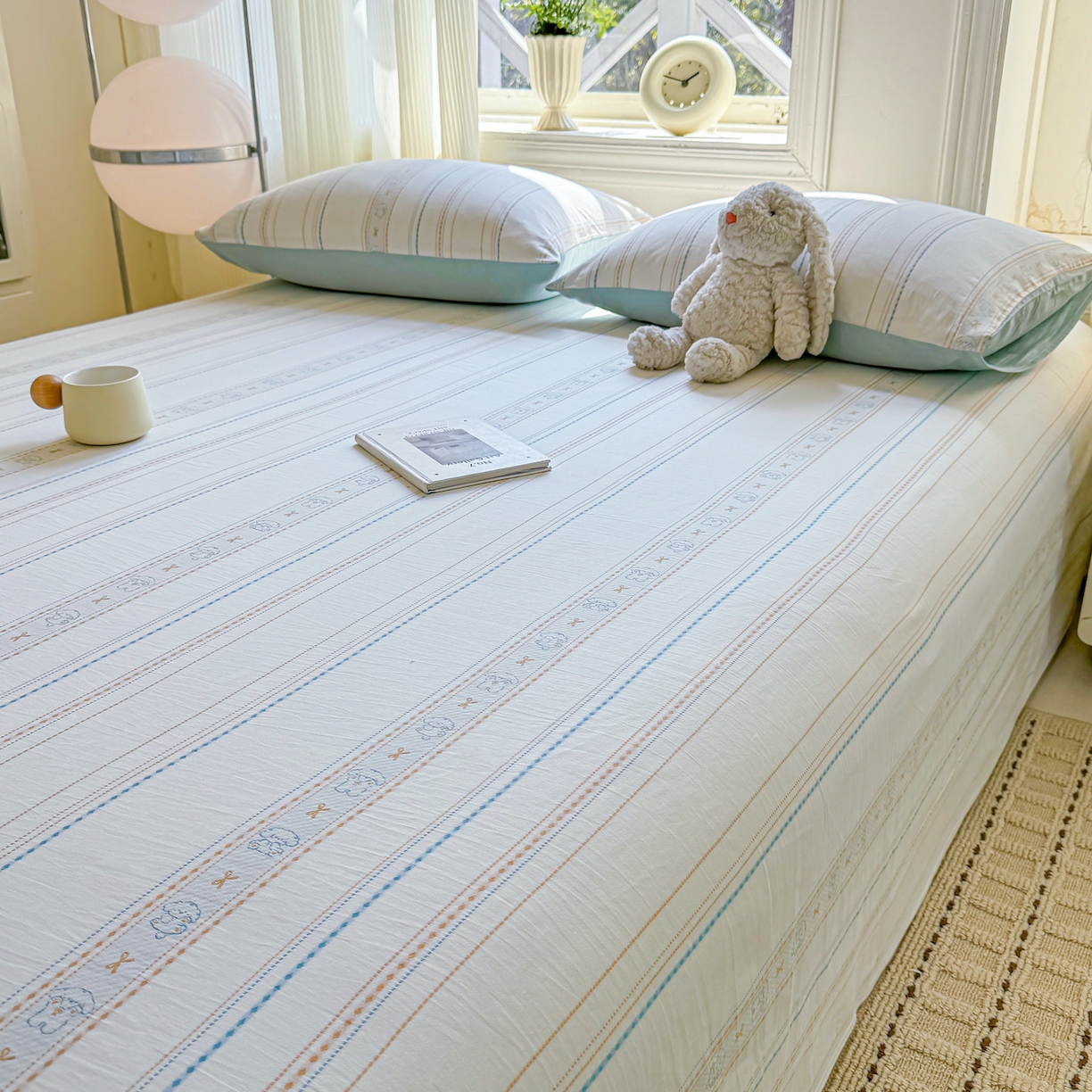 91家纺网 家纺一手货源 找家纺 灰鲸 2026新款全棉纯棉色织提花床单单床单床单单件 线条小狗-蓝