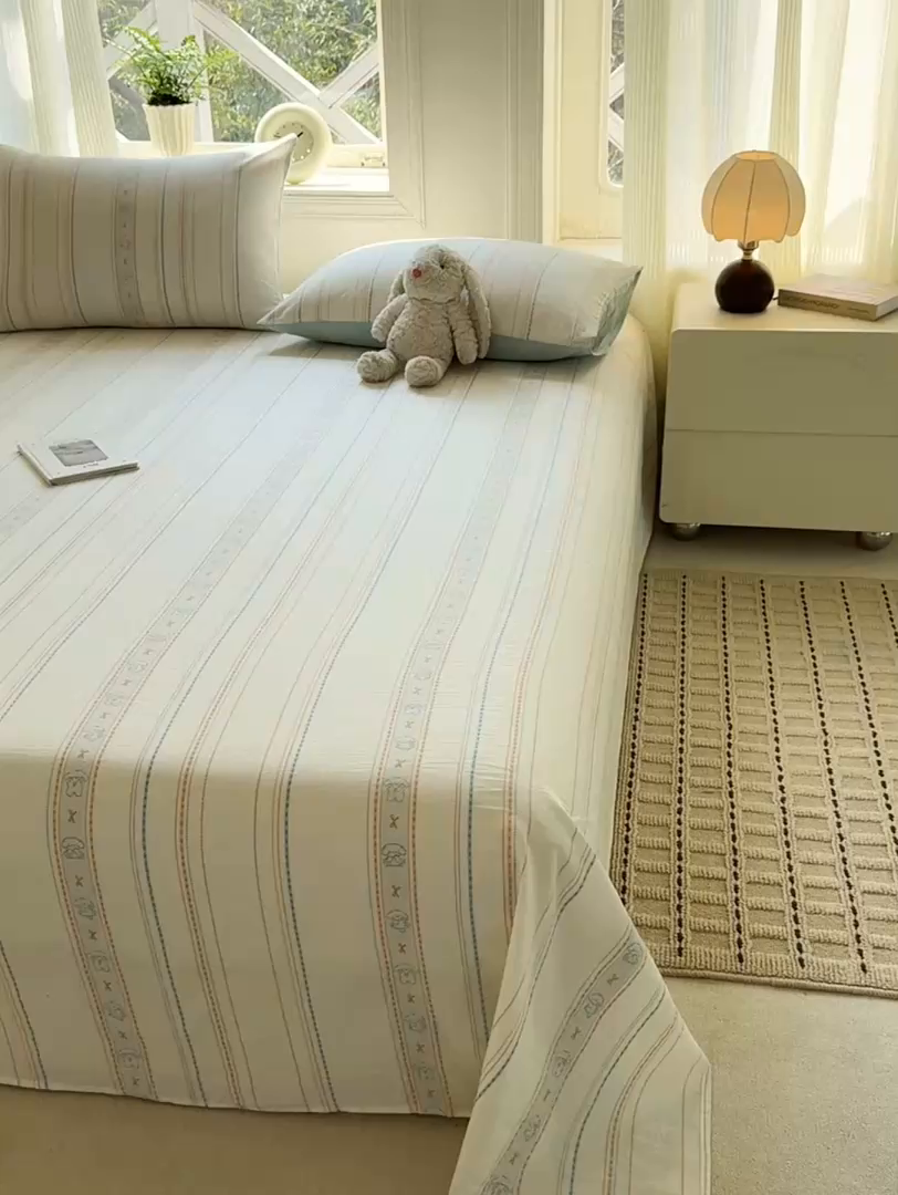 91家纺网 家纺一手货源 找家纺 灰鲸 2026新款全棉纯棉色织提花床单单床单床单单件 线条小狗-蓝