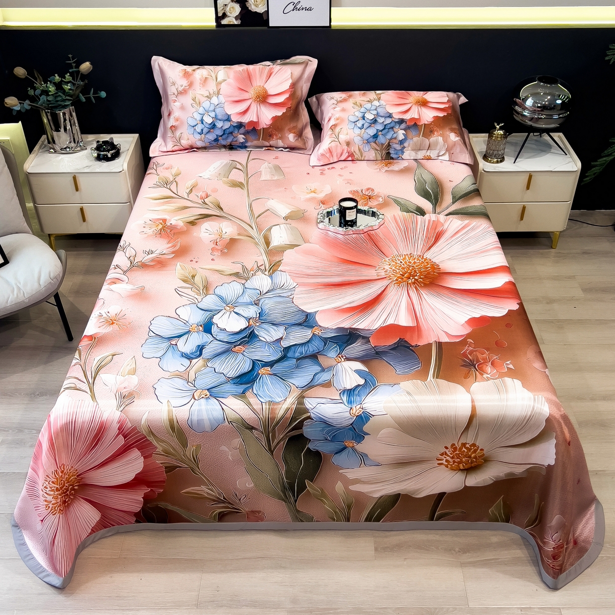 91家纺网 家纺一手货源 找家纺 （总）梵克保罗 2026春夏新款数码印花大版高克重冰丝凉席三件套