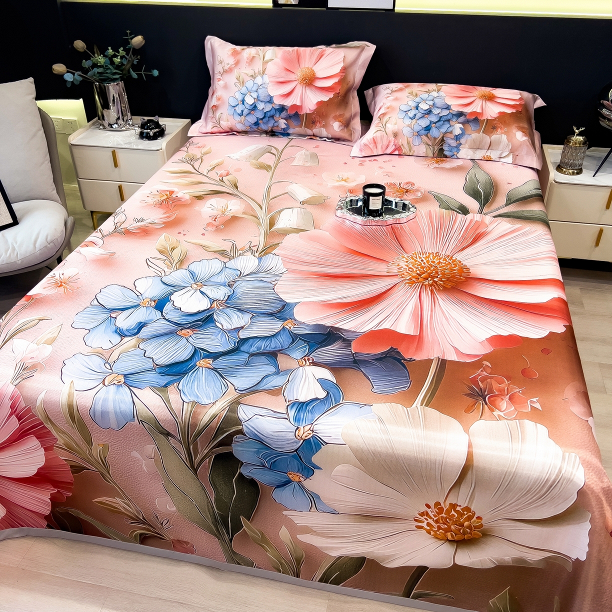 91家纺网 家纺一手货源 找家纺 （总）梵克保罗 2026春夏新款数码印花大版高克重冰丝凉席三件套