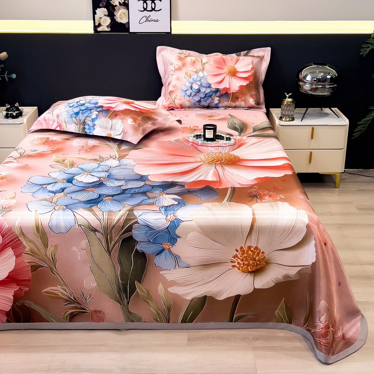 91家纺网 家纺一手货源 找家纺 （总）梵克保罗 2026春夏新款数码印花大版高克重冰丝凉席三件套