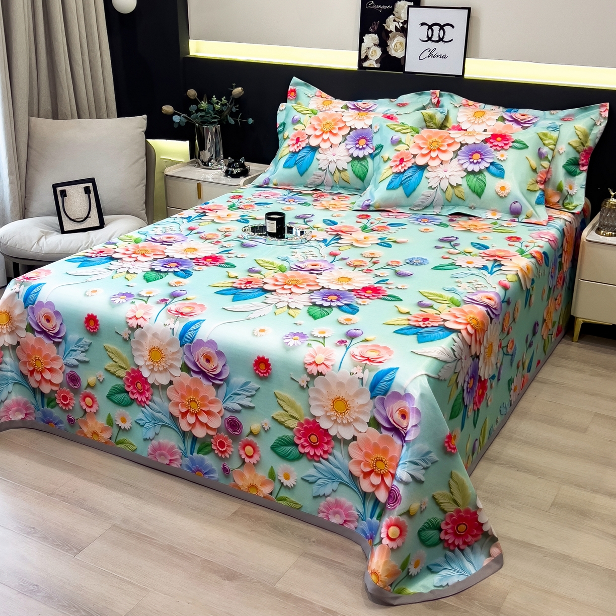 91家纺网 家纺一手货源 找家纺 梵克保罗 2026春夏新款凉感冰丝凉席床单款凉席三件套 春生物