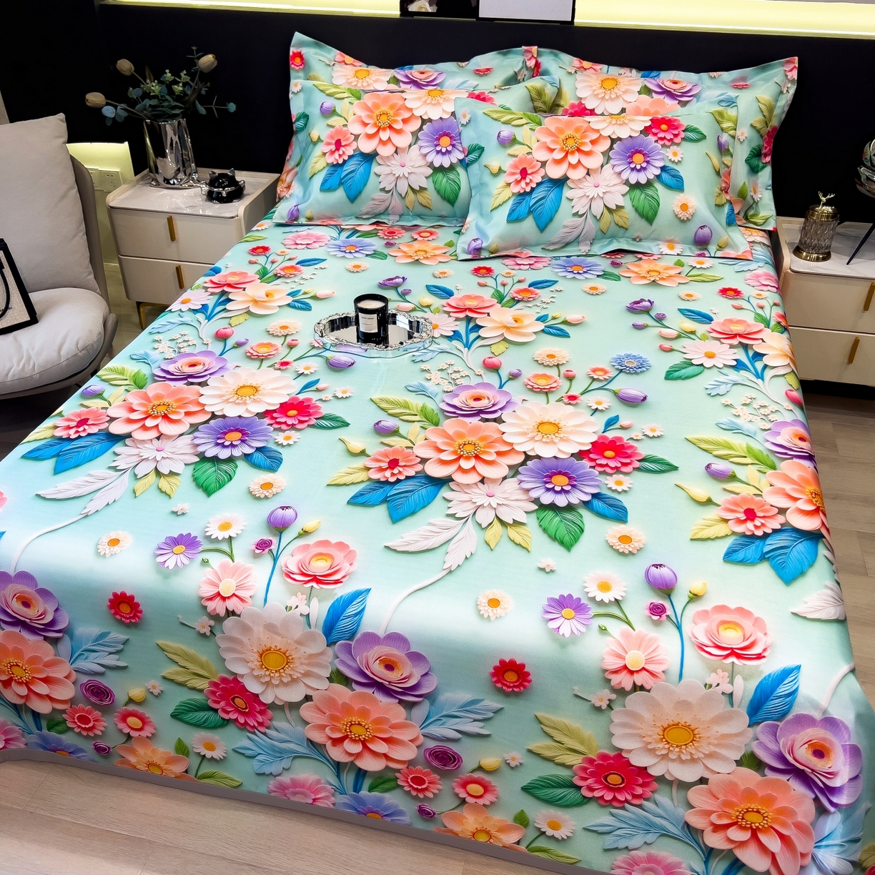 91家纺网 家纺一手货源 找家纺 梵克保罗 2026春夏新款凉感冰丝凉席床单款凉席三件套 春生物