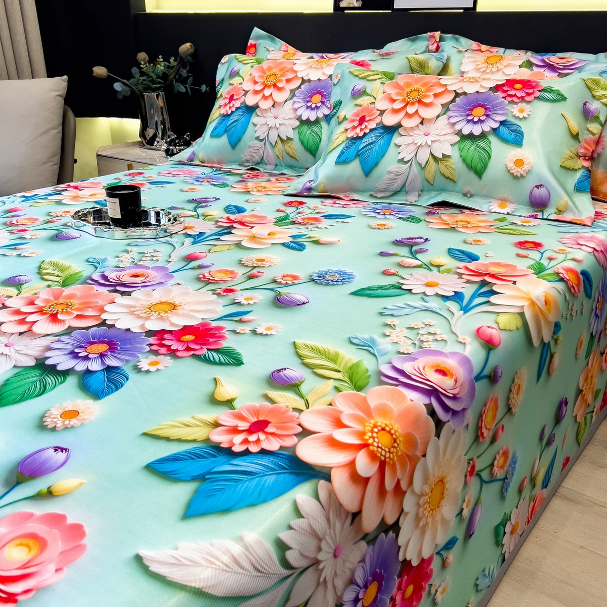 91家纺网 家纺一手货源 找家纺 梵克保罗 2026春夏新款凉感冰丝凉席床单款凉席三件套 春生物