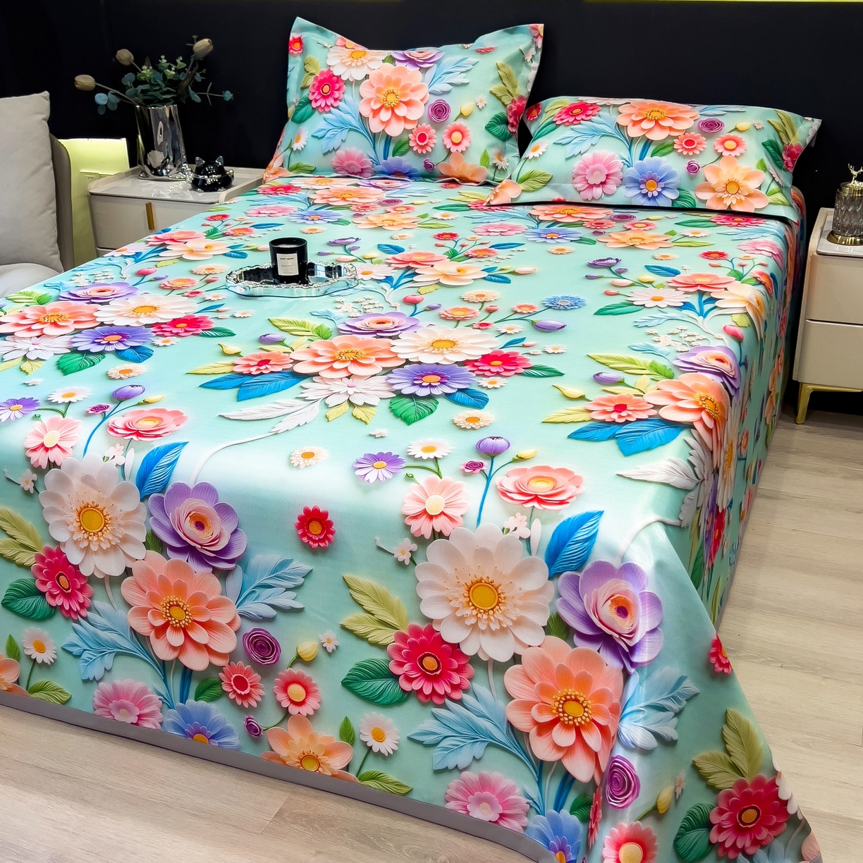 91家纺网 家纺一手货源 找家纺 梵克保罗 2026春夏新款凉感冰丝凉席床单款凉席三件套 春生物