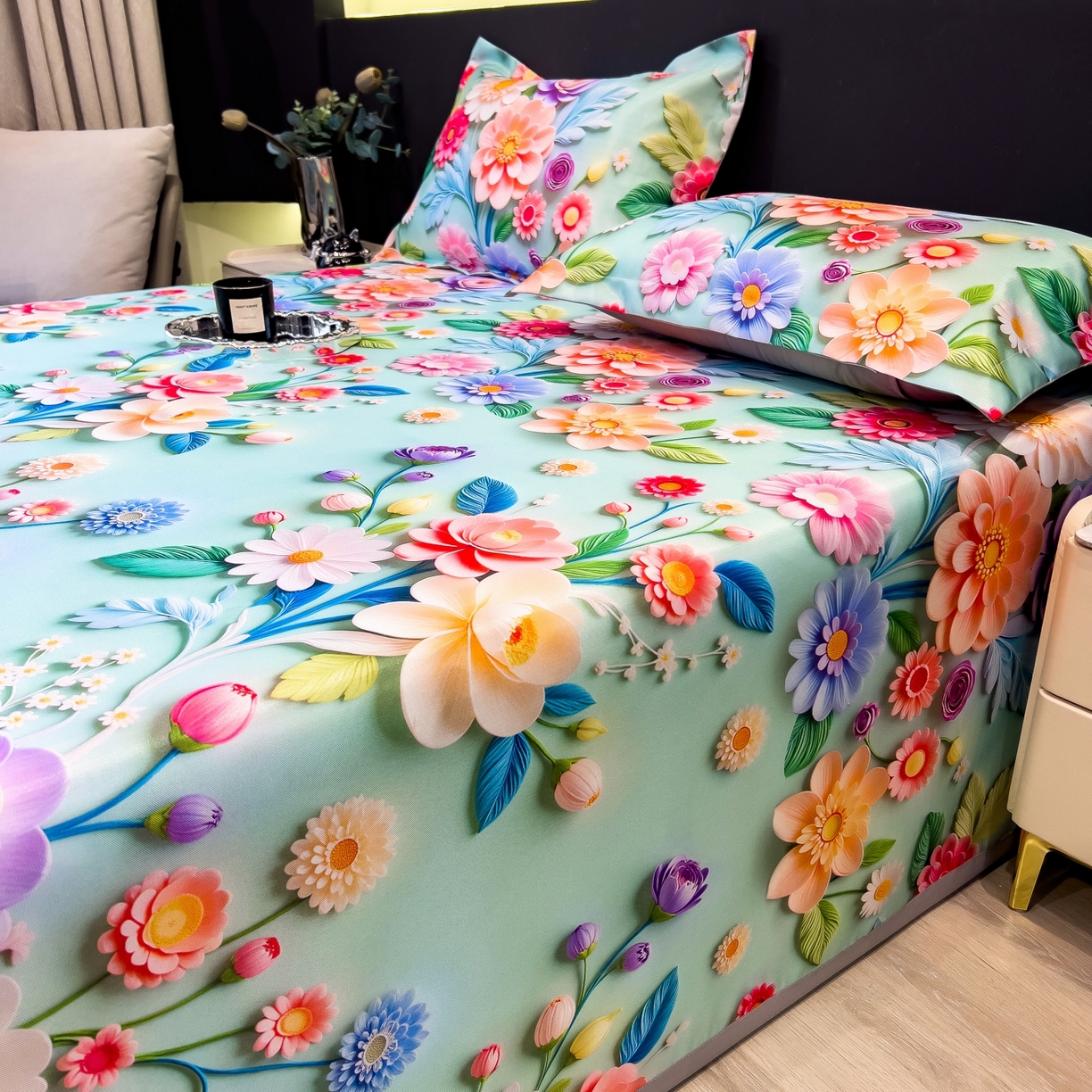 91家纺网 家纺一手货源 找家纺 梵克保罗 2026春夏新款凉感冰丝凉席床单款凉席三件套 春生物