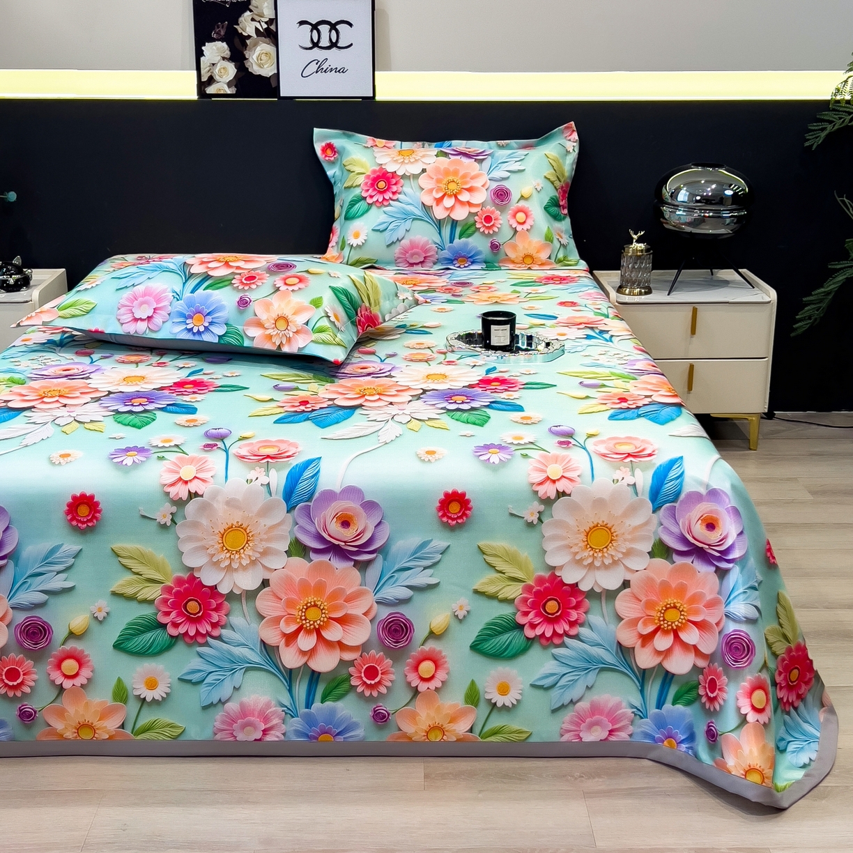 91家纺网 家纺一手货源 找家纺 梵克保罗 2026春夏新款凉感冰丝凉席床单款凉席三件套 春生物