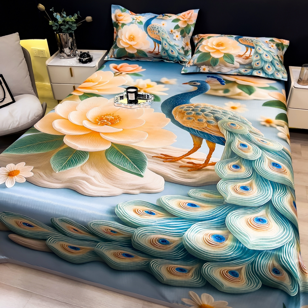 91家纺网 家纺一手货源 找家纺 梵克保罗 2026春夏新款数码印花大版高克重冰丝凉席三件套 孔雀