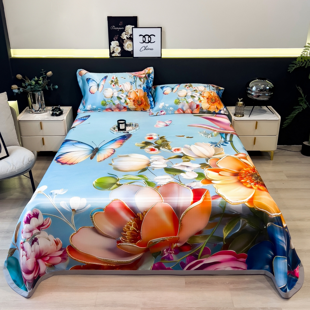 梵克保罗 2026春夏新款数码印花大版高克重冰丝凉席三件套 绿野晴风