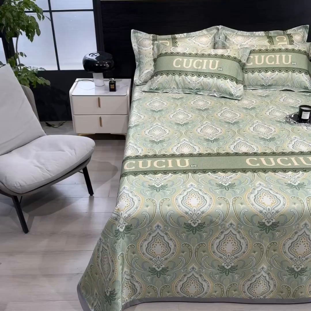 91家纺网 家纺一手货源 找家纺 梵克保罗 2026春夏新款凉感冰丝凉席床单款凉席三件套 春夏绿