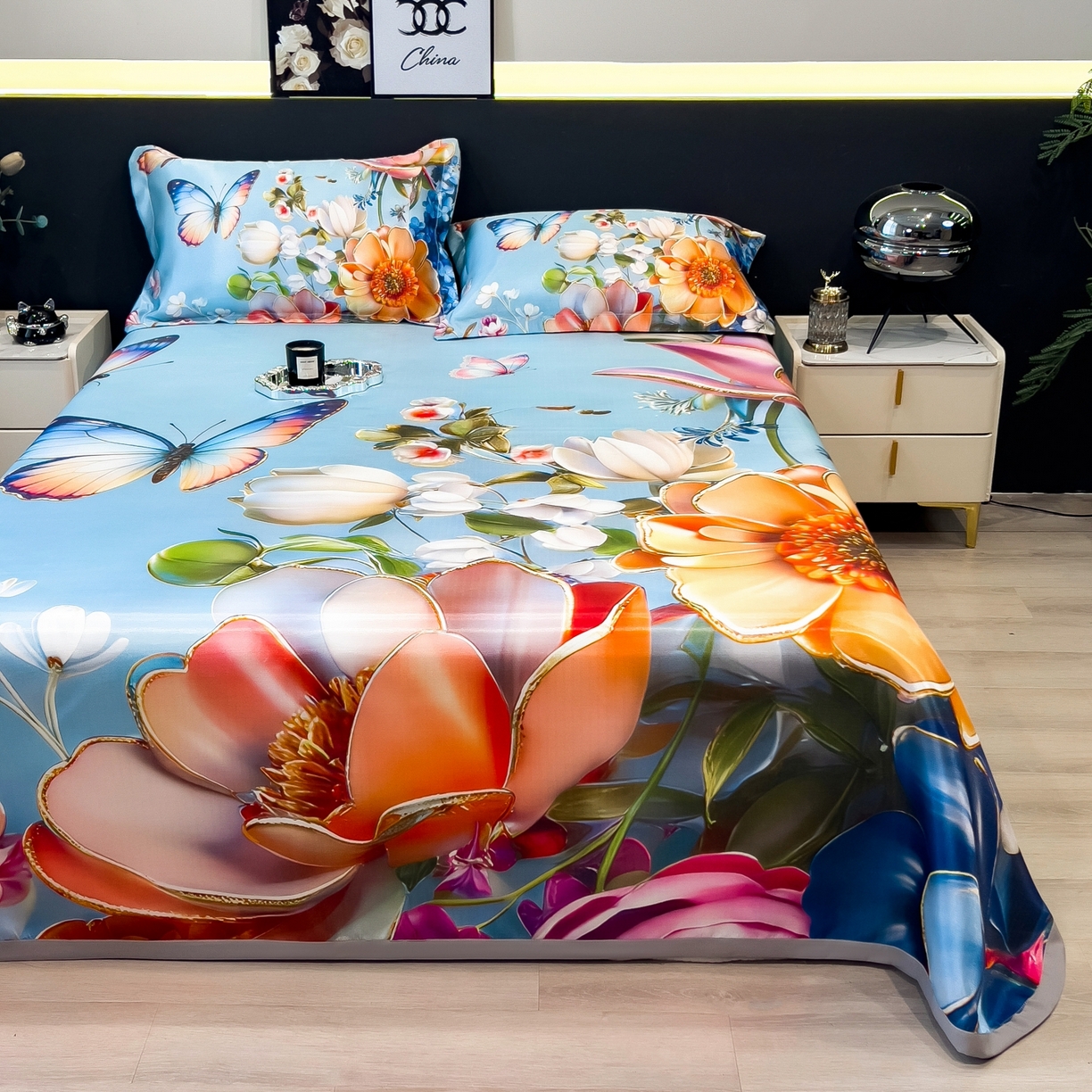 91家纺网 家纺一手货源 找家纺 梵克保罗 2026春夏新款数码印花大版高克重冰丝凉席三件套 绿野晴风