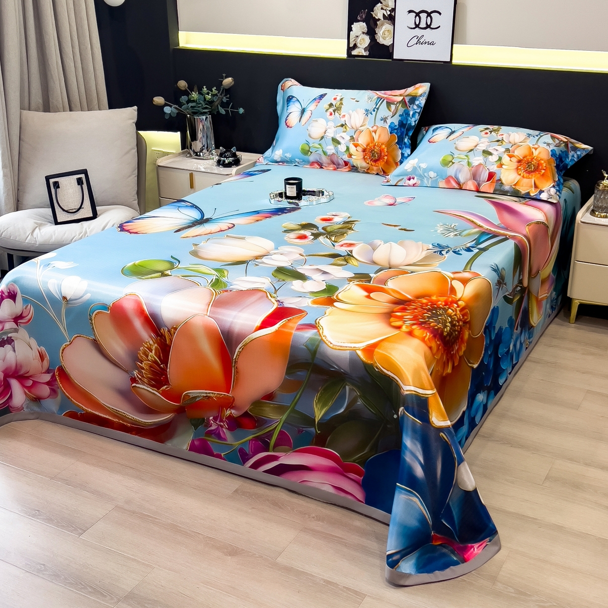 91家纺网 家纺一手货源 找家纺 梵克保罗 2026春夏新款数码印花大版高克重冰丝凉席三件套 绿野晴风