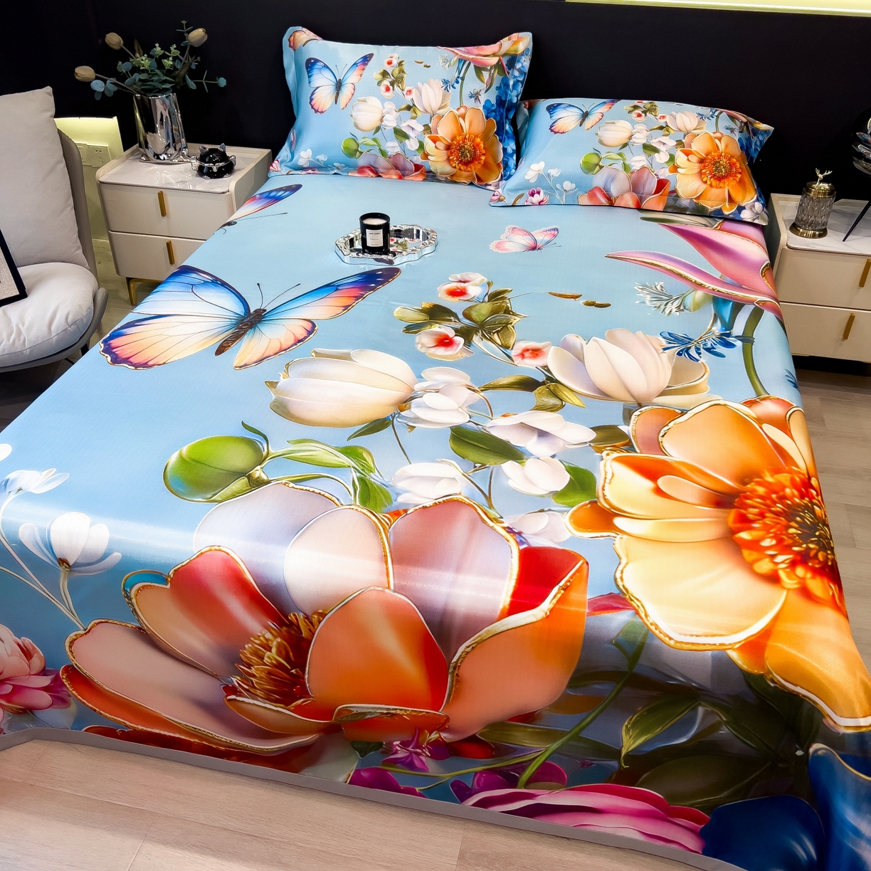 91家纺网 家纺一手货源 找家纺 梵克保罗 2026春夏新款数码印花大版高克重冰丝凉席三件套 绿野晴风