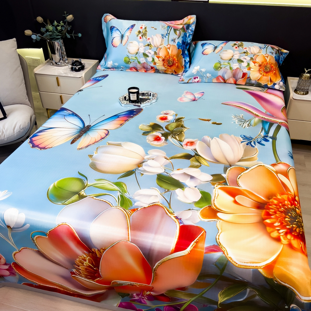 91家纺网 家纺一手货源 找家纺 梵克保罗 2026春夏新款数码印花大版高克重冰丝凉席三件套 绿野晴风