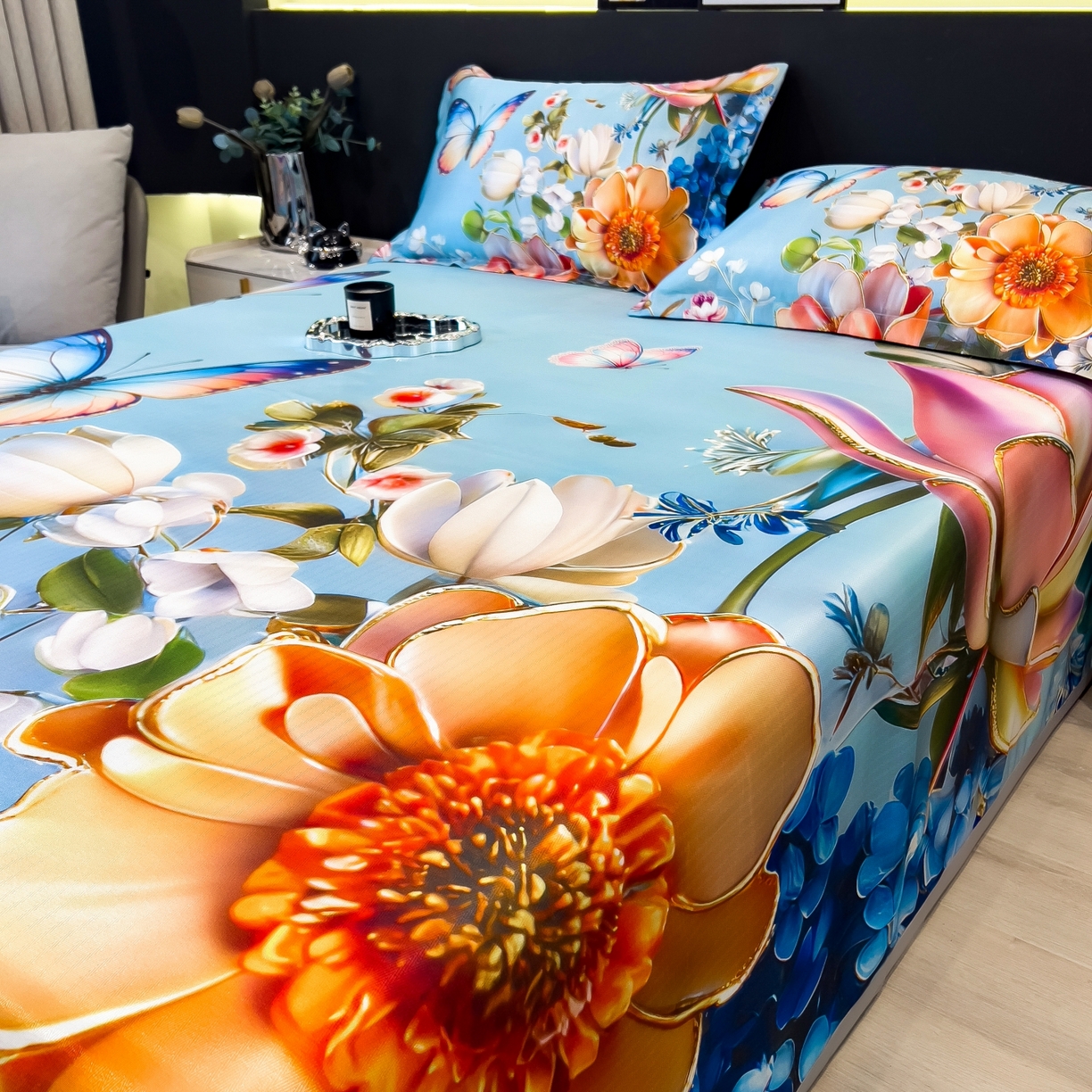 91家纺网 家纺一手货源 找家纺 梵克保罗 2026春夏新款数码印花大版高克重冰丝凉席三件套 绿野晴风