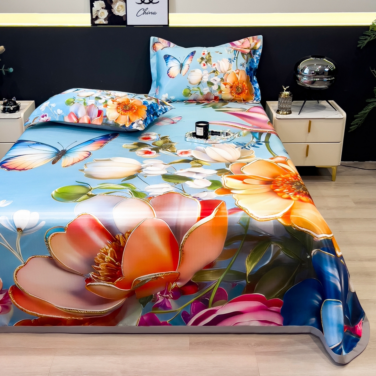 91家纺网 家纺一手货源 找家纺 梵克保罗 2026春夏新款数码印花大版高克重冰丝凉席三件套 绿野晴风