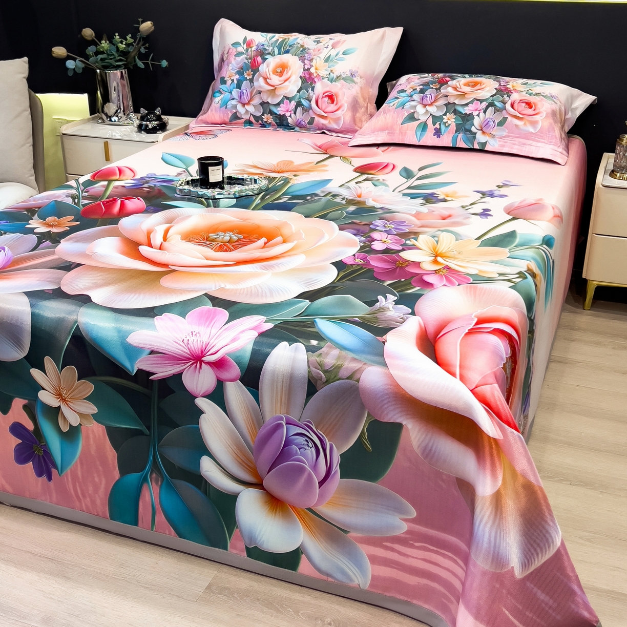 91家纺网 家纺一手货源 找家纺 梵克保罗 2026春夏新款数码印花大版高克重冰丝凉席三件套 曼陀罗