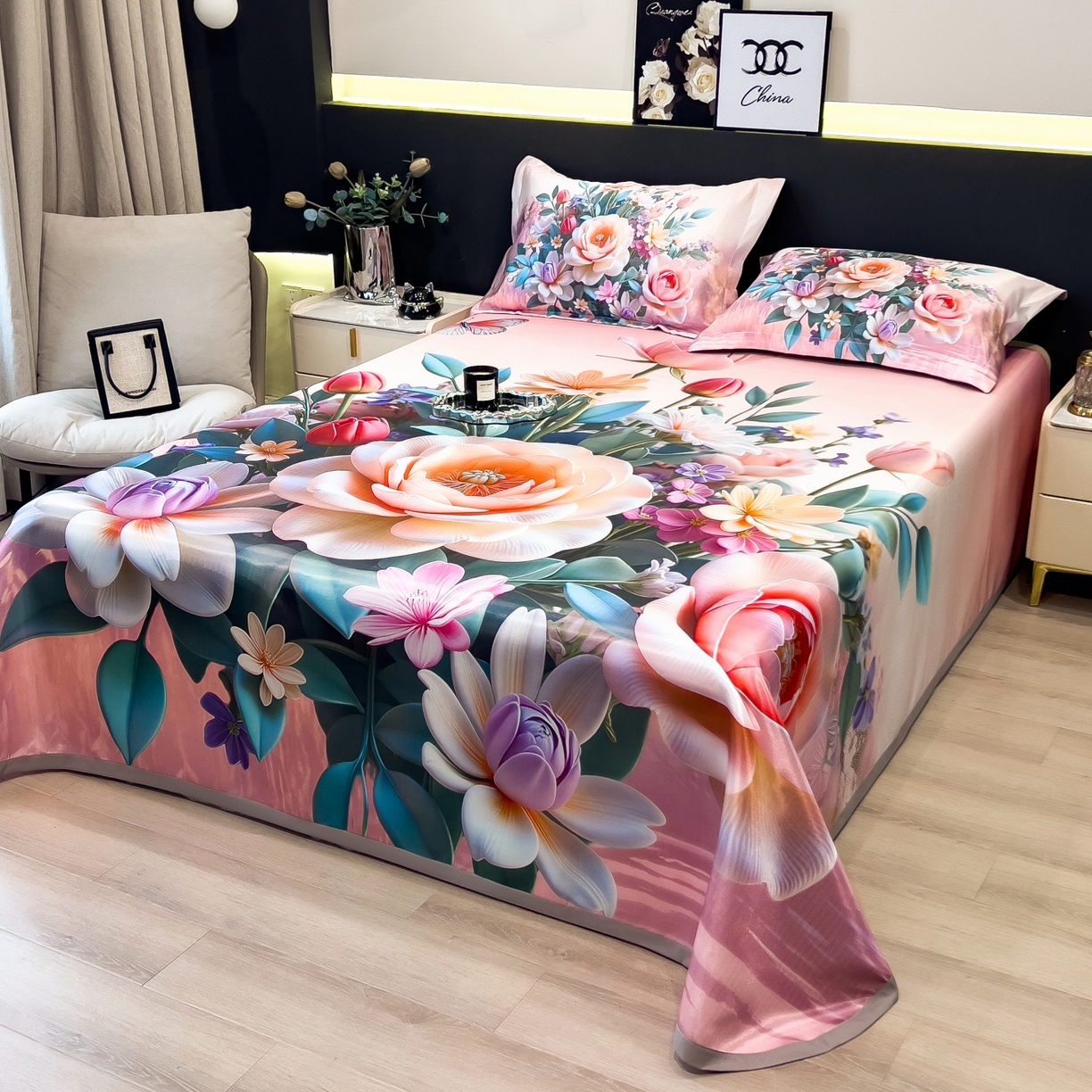 91家纺网 家纺一手货源 找家纺 梵克保罗 2026春夏新款数码印花大版高克重冰丝凉席三件套 曼陀罗