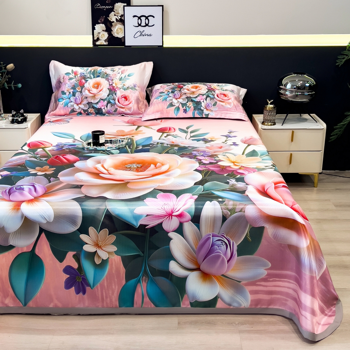 91家纺网 家纺一手货源 找家纺 梵克保罗 2026春夏新款数码印花大版高克重冰丝凉席三件套 曼陀罗