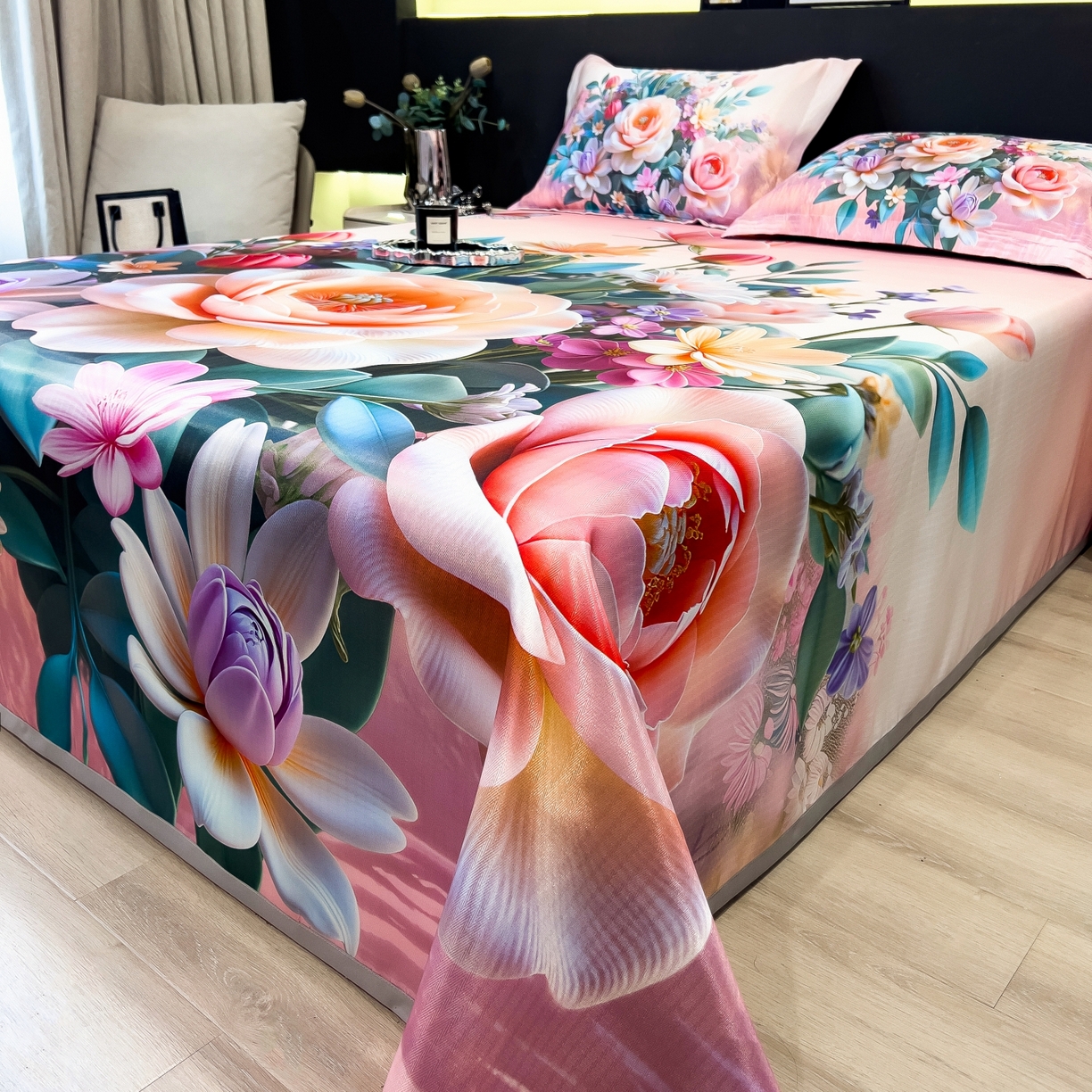 91家纺网 家纺一手货源 找家纺 梵克保罗 2026春夏新款数码印花大版高克重冰丝凉席三件套 曼陀罗