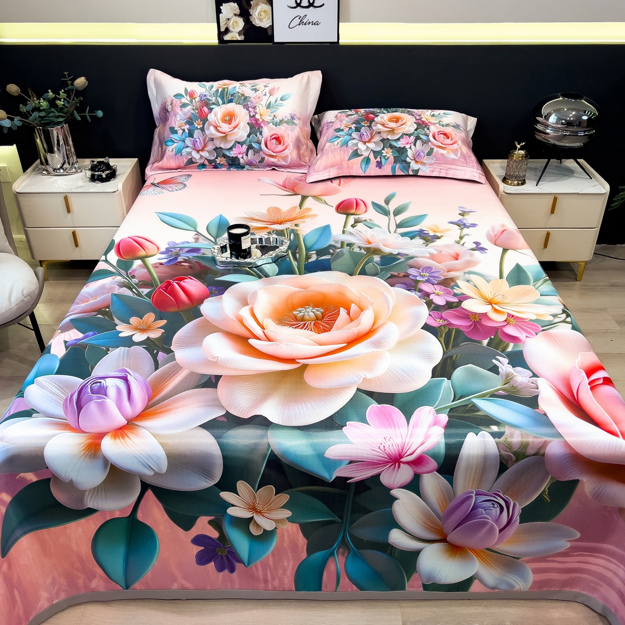 91家纺网 家纺一手货源 找家纺 梵克保罗 2026春夏新款数码印花大版高克重冰丝凉席三件套 曼陀罗