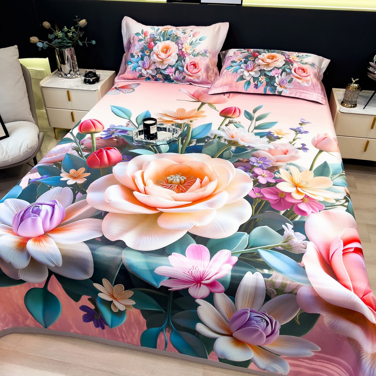 91家纺网 家纺一手货源 找家纺 梵克保罗 2026春夏新款数码印花大版高克重冰丝凉席三件套 曼陀罗