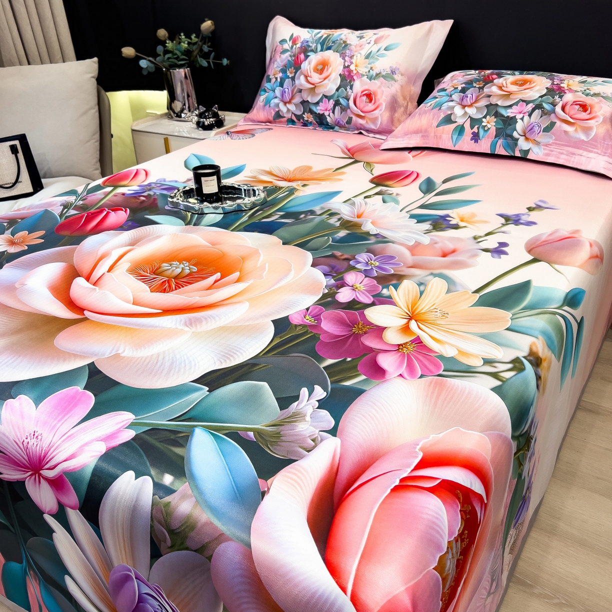 91家纺网 家纺一手货源 找家纺 梵克保罗 2026春夏新款数码印花大版高克重冰丝凉席三件套 曼陀罗