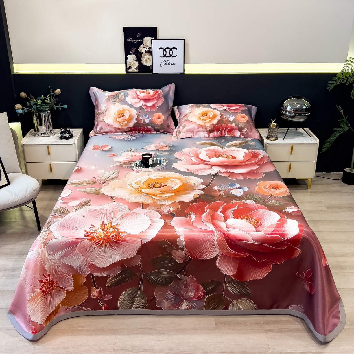 梵克保罗 2026春夏新款数码印花大版高克重冰丝凉席三件套 牡丹